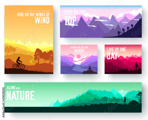 Sports rest day vector brochure cards set.  Tourism on nature template of flyer, magazines, poster, book cover, banners. Active lifestyle invitation concept background. Layout illustration modern page