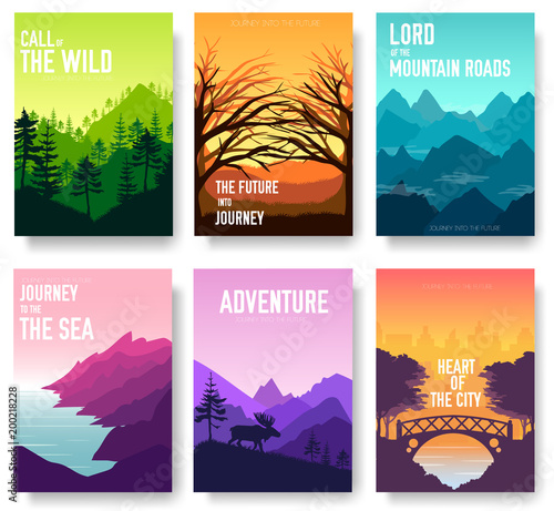 Nature vector brochure cards set. Ecology template of flyear, magazines, poster, book cover, banners. Outdoor invitation concept background. Layout illustration modern page background