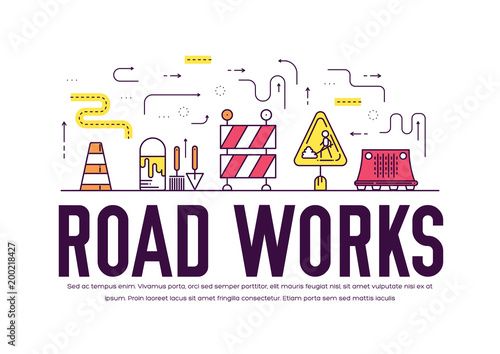 People at road works vector outline concept. Heavy vehicles making the road maintenance thin line illustration. Banner with typography slogan text design. 