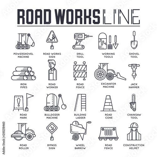 People working on robots assembly line vector outline icons. Robotic production thin line illustration. Banner with typography slogan text design. 