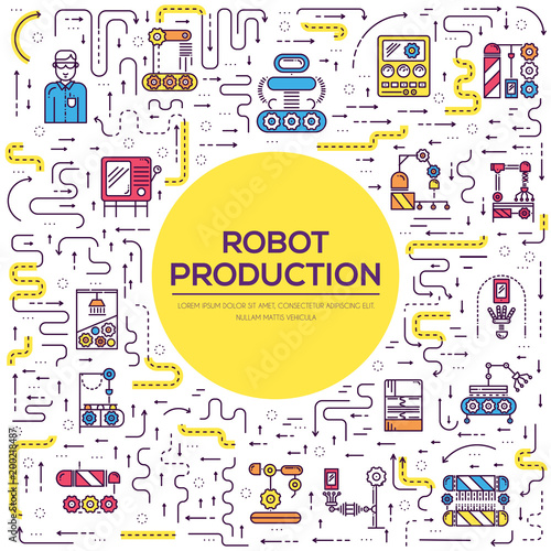 People working on robots assembly line vector outline concept. Robotic production thin line illustration. Banner with typography slogan text design. 