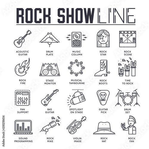 Thin line stage with different music instrunents and equipment for plating rock'n'roll concept.  Vector flat outline festival on rock concert design illustration