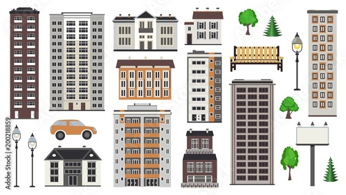 Various city elements of multistorey buildings and municipal structures, public park and transport in flat style isolated on white background for real estate and property concept. Vector illustration.