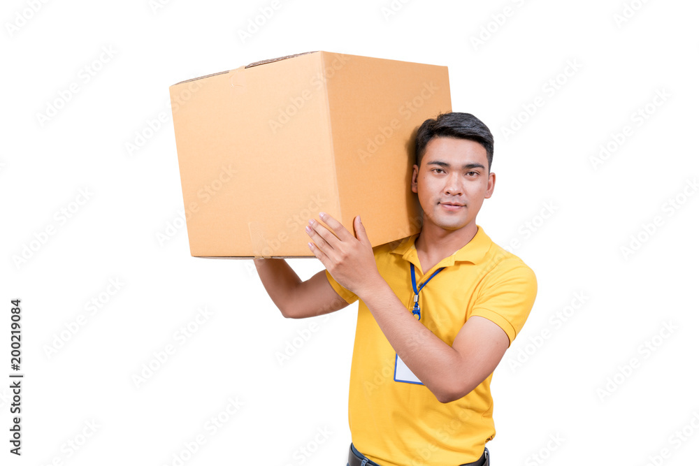 delivery asian man. Happy young courier holding box and smiling on white background delivery asian man. Happy young courier holding box and smiling on white background