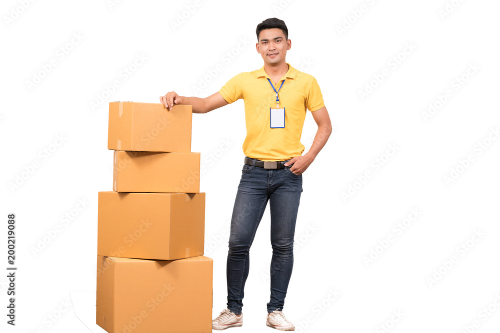 delivery asian man. Happy young courier holding  box and smiling on white background