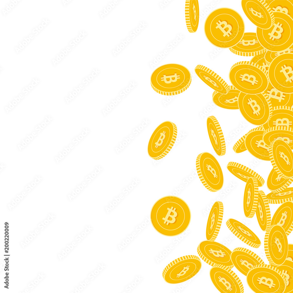 Bitcoin, internet currency coins falling. Scattered big BTC coins on white background. Symmetrical scatter right gradient vector illustration. Jackpot or success concept.