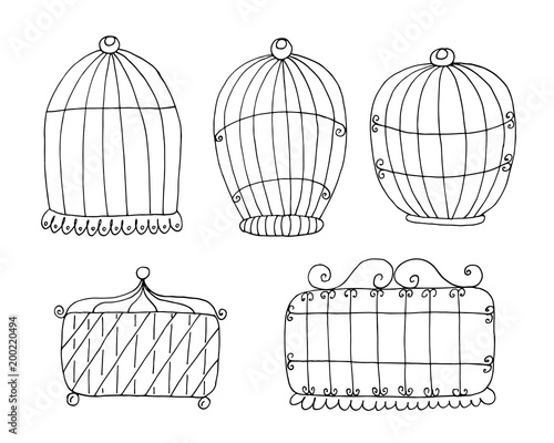 Hand drawn Set with vintage bird cage. vector print
