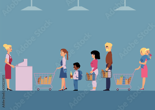 Customers in big queue at cash desk with female cashier at groceries store. Vector cartoon illustration of different male and female characters with shopping baskets in line at supermarket.