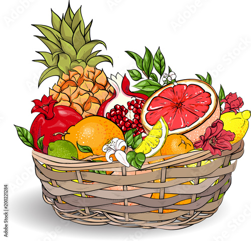 Exotic fruits in wicker basket.