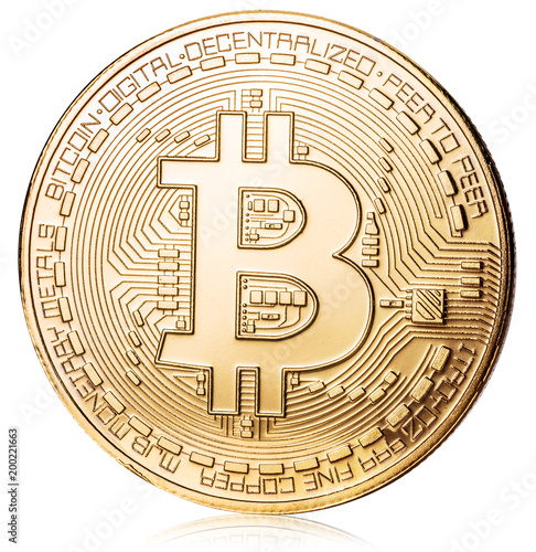 Physical bitcoin on white background. Cryptocurrency. Clipping path.