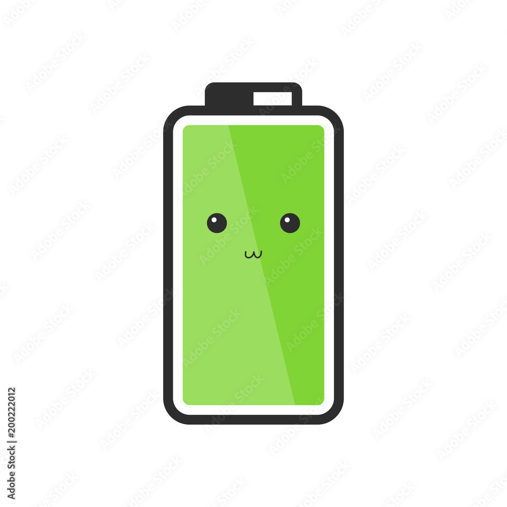 Full charged battery character with cute face isolated on white background.  Accumulator cartoon design. Stock Vector | Adobe Stock