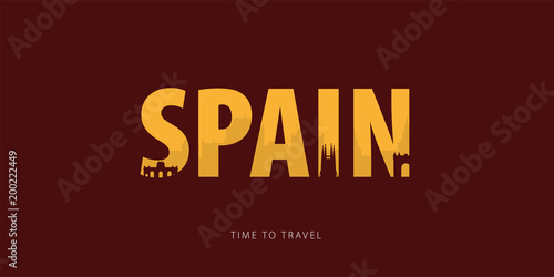 Spain. Travel bunner with silhouettes of sights. Time to travel. Vector illustration