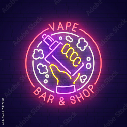 Vape bar neon sign, bright signboard, light banner. Vape logo, emblem. Vector illustration.