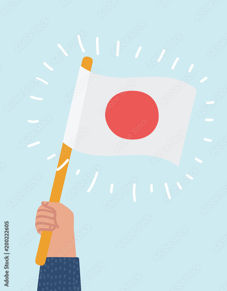 Hand holding and raising the national flag of Japan Hand holding and raising the national flag of Japan