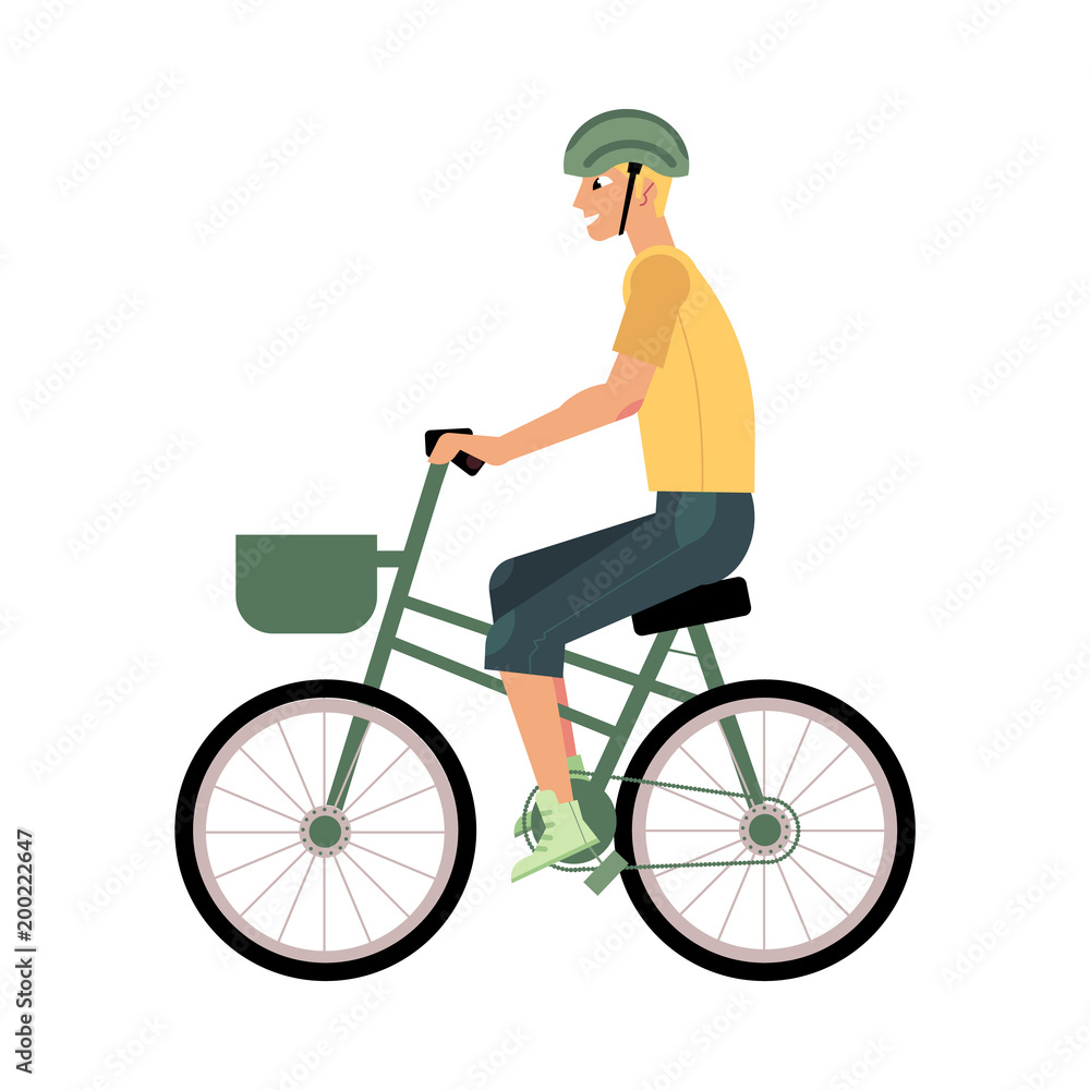 Naklejka premium Young man riding urban bike with basket isolated on white background. Summer activity concept - cartoon male character with blonde hair in helmet cycling, vector illustration.