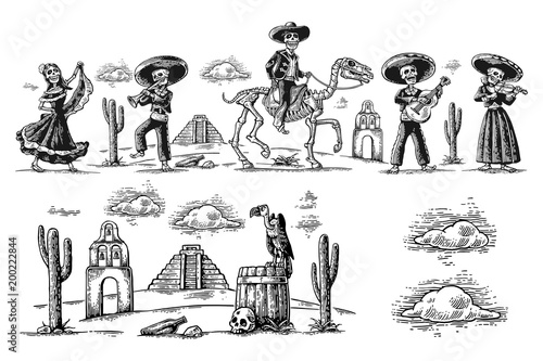 Dia de los Muertos. The skeleton in Mexican national costumes