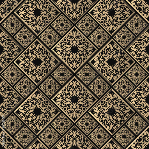 Seamless pattern oriental ornament. Black and golden textile print. Islamic vector design. Floral tiles.