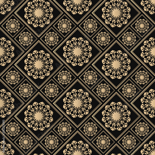 Seamless pattern oriental ornament. Black and golden textile print. Islamic vector design. Floral tiles.