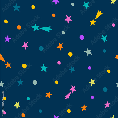 Hand drawn seamless pattern. Night sky with falling stars. Ideal for kids textile print, wallpapers, wrapping paper