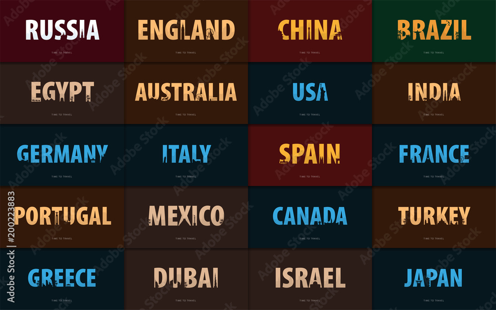 Set of Travel bunners with silhouettes of sights. Time to travel. America, Asia, Europe. Vector illustration Set of Travel bunners with silhouettes of sights. Time to travel. America, Asia, Europe. Vector illustration