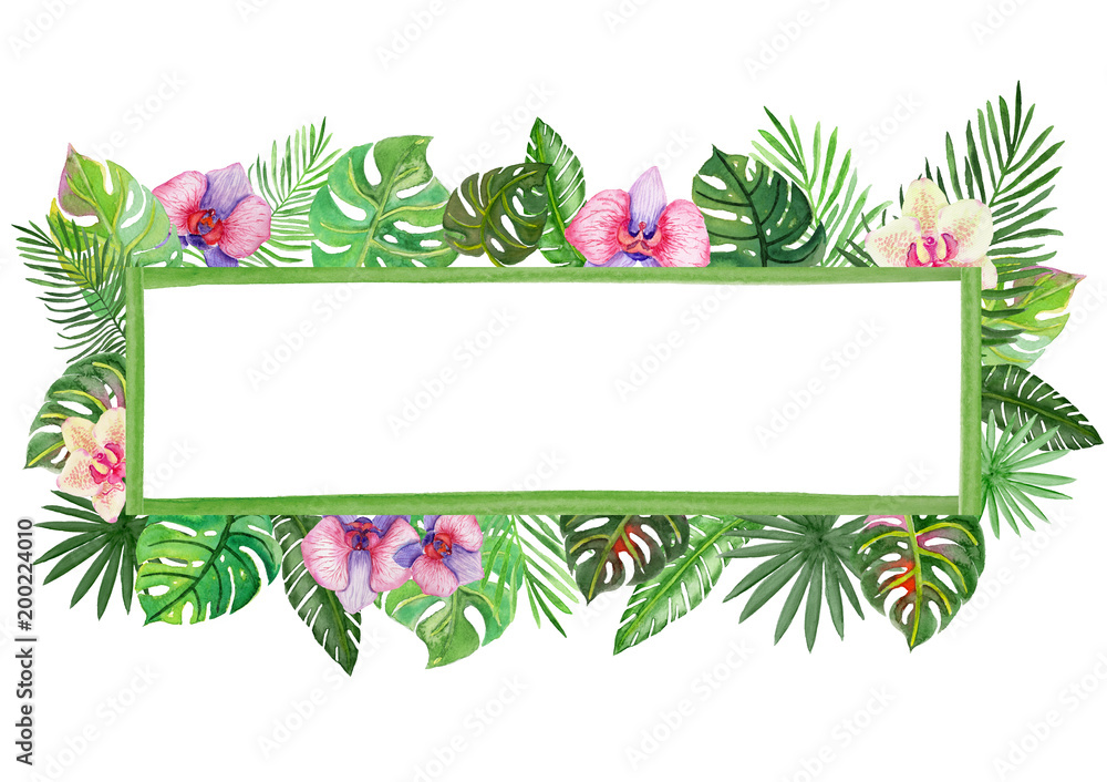 Frame with watercolor tropical plants and flowers.
