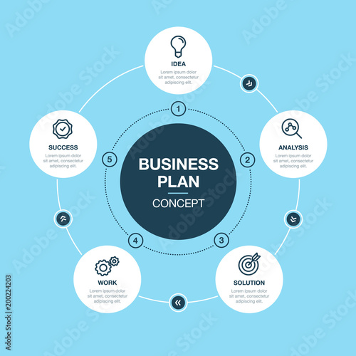 Vector infographic for business plan visualization template with five steps, isolated on blue background. Easy to use for your website or presentation.