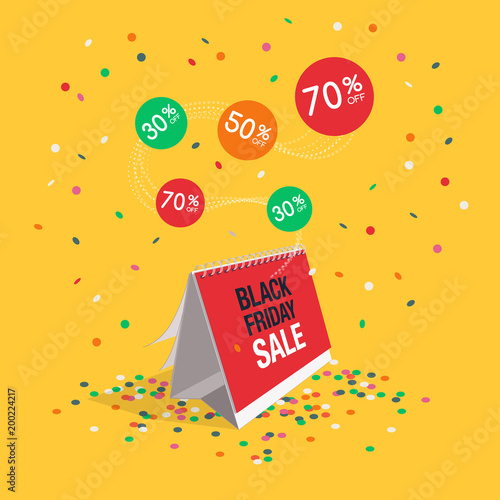 Special offer black friday sale symbol with calendar, flying colorful labels and flying confetti isolated on yellow background. Easy to use for your design with transparent shadows.