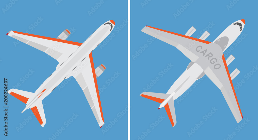 Big commercial plane and cargo airplane isolated on blue background. Top view. Vector illustration. 
