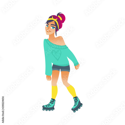 Young woman roller skating isolated on white background - cartoon girl rollerblading for summertime active recreation concept. Vector illustration of female character on summer leisure.