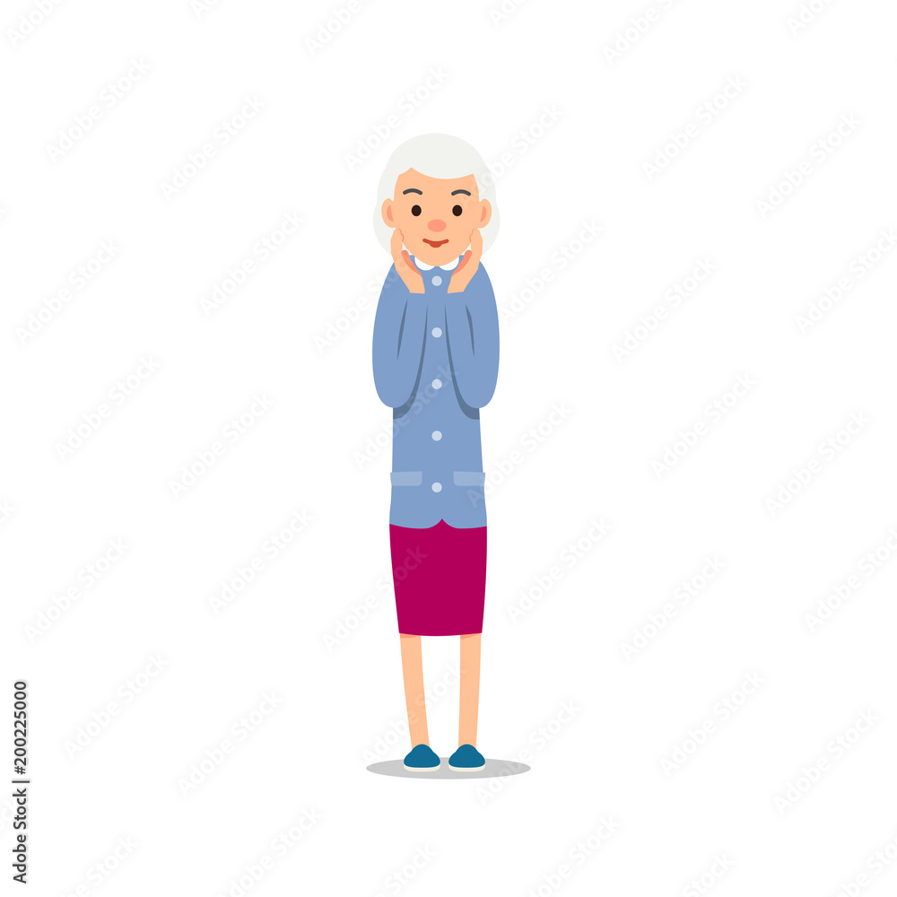 Old woman. Elderly woman stand raising his arms up and holding his head. Illustration isolated on white background in flat style. Full length portrait of old ladie, senior or grandmother Old woman. Elderly woman stand raising his arms up and holding his head. Illustration isolated on white background in flat style. Full length portrait of old ladie, senior or grandmother