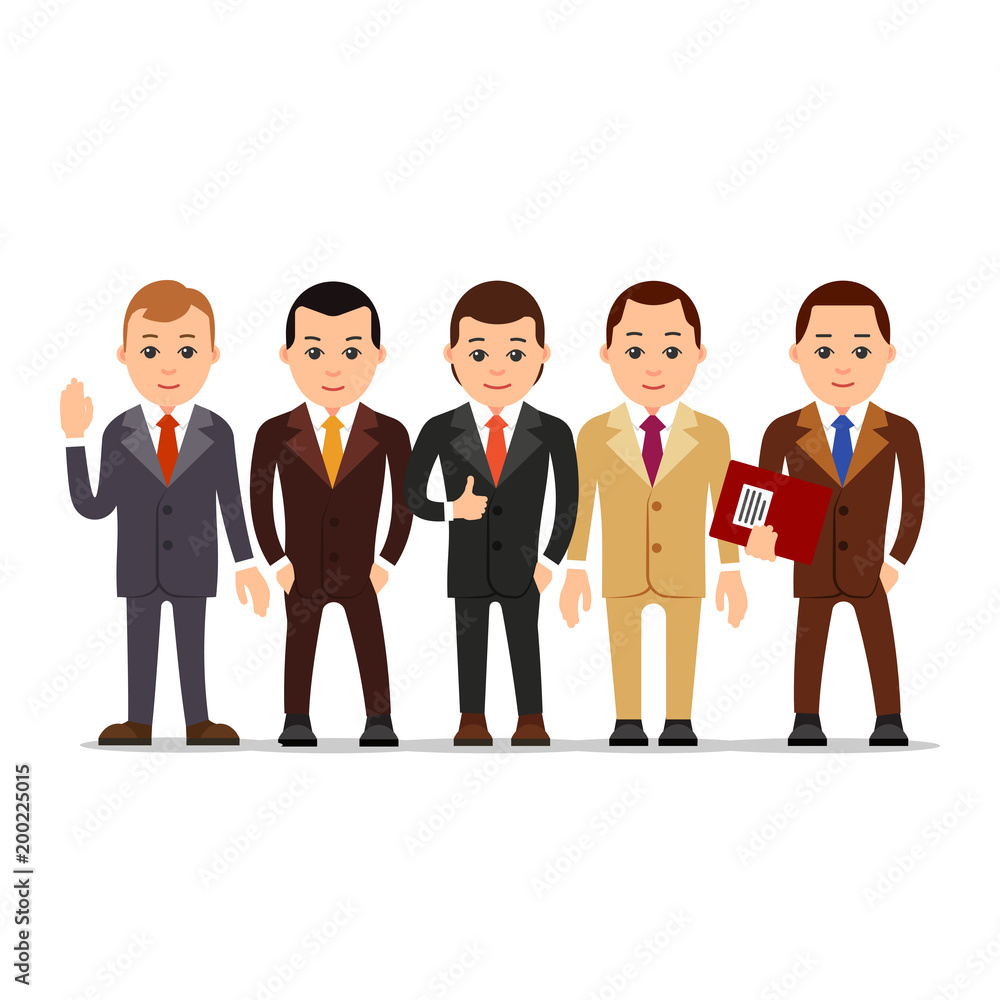 Business man. Set of businessman character in various poses. Man in suit, shirt and tie. Set cartoon illustration isolated on white background in flat style Business man. Set of businessman character in various poses. Man in suit, shirt and tie. Set cartoon illustration isolated on white background in flat style