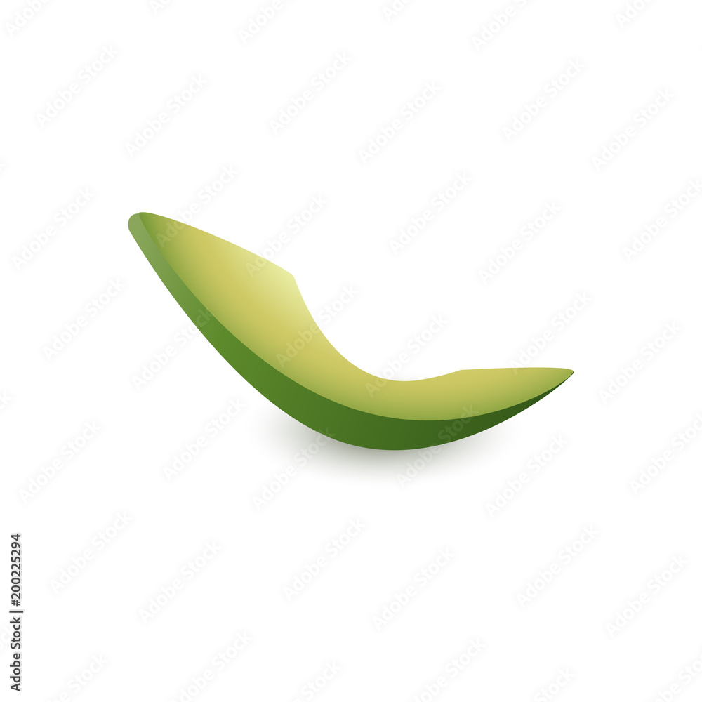 Slice of fresh avocado isolated on white background - cut ripe green tropical fruit. Realistic vector illustration of raw exotic food ingredient piece for healthy eating concept. Slice of fresh avocado isolated on white background - cut ripe green tropical fruit. Realistic vector illustration of raw exotic food ingredient piece for healthy eating concept.