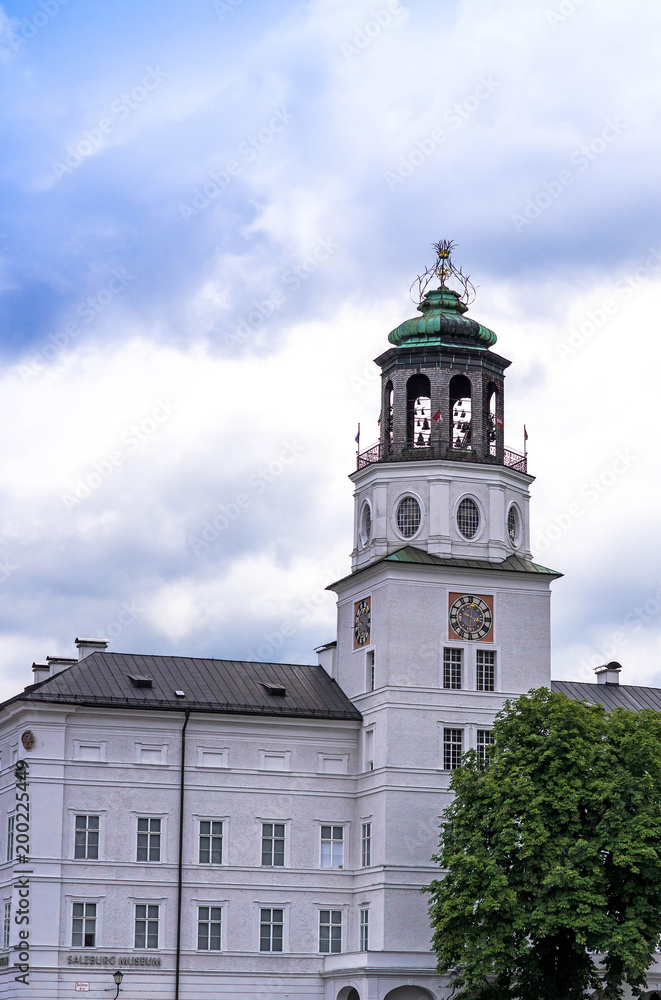 SALZBURG, AUSTRIA. View of the white building of the Museum of Salzburg situated in the neue Residenz (Residence) Building on the Residenzplatz(Residence square). SALZBURG, AUSTRIA. View of the white building of the Museum of Salzburg situated in the neue Residenz (Residence) Building on the Residenzplatz(Residence square).