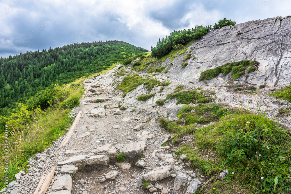 Trail for hiking in mountains, travel in the summer, landscape