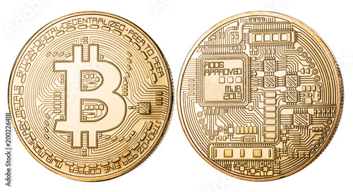 Physical bitcoin on white background. Cryptocurrency. Clipping path. photo