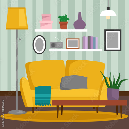 VIP vintage interior furniture rich wealthy house room with sofa set brick wall background vector illustration.