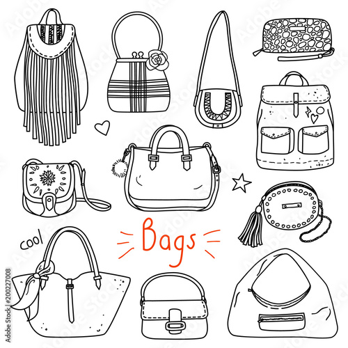 Set of hand drawn women accessories. Bags. Fashion collection. Black and white doodle illustration.