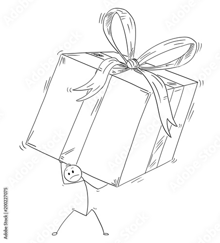 Cartoon stick man drawing conceptual illustration of businessman carry large and heavy gift box or present in wrap.