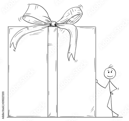 Cartoon stick man drawing conceptual illustration of businessman standing with huge or large gift box or present in wrap.
