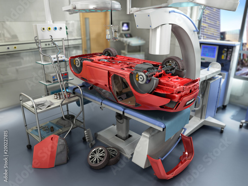 Modern concept of auto repair work Details of the red car on the surgical table 3D render
