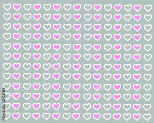Pattern of white and pink hearts on a gray background, print