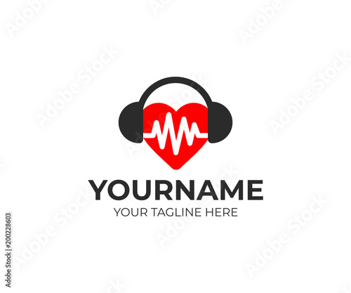 Heart with pulse in headphones, logo template. Healthy heart and music, vector design. Healthy lifestyle and health care illustration