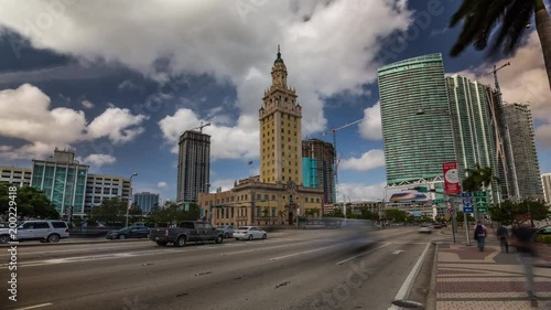 Hyperlapse of Miami's Freedom Tower with city traffic, Florida. USA