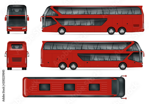 Bus vector mock-up Isolated template of red travel coach on white. Vehicle branding mockup, view from side, front, back and top. All elements in the groups on separate layers, easy to edit and recolor