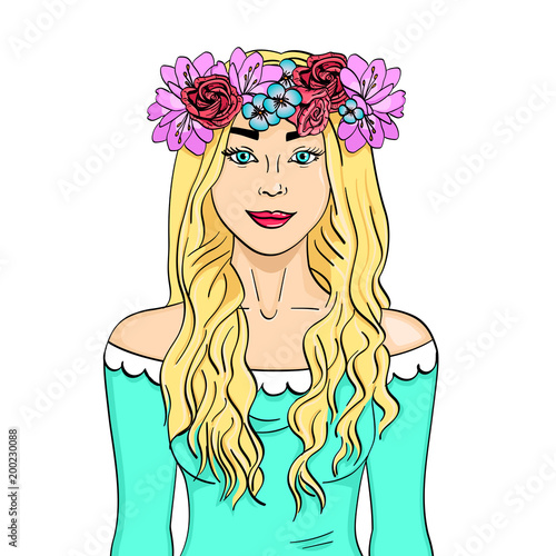 Beautiful and young girl, blonde. Wreath on head with bouquet of flowers. Isolated object on white background