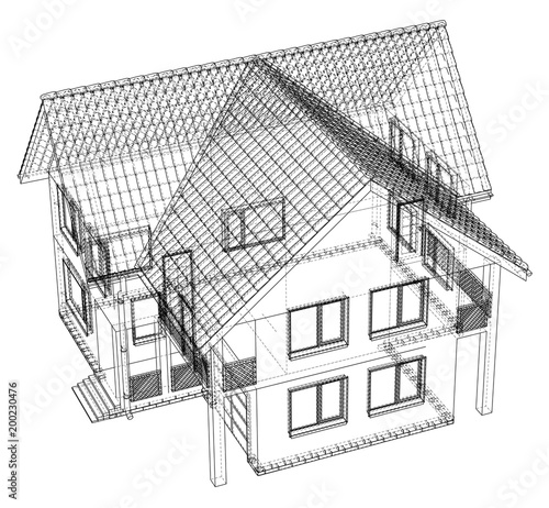Wireframe blueprint drawing of 3D house - Vector illustration.