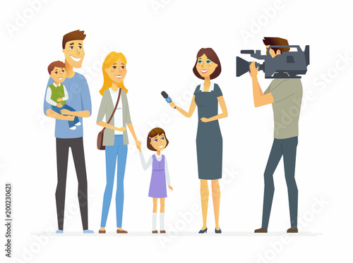 TV presenter interviewing young family - cartoon people character isolated illustration
