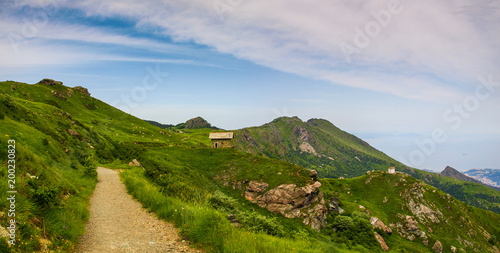 Alpine landscape panorama with refuge cabin in Beigua National Geopark, Liguria, Italy photo