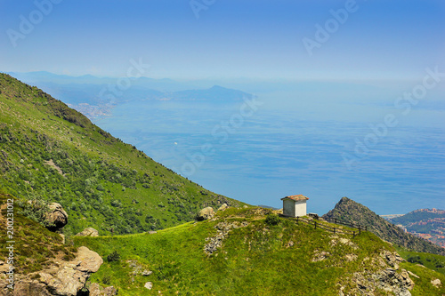 Panoramic view over the Liguria Riviera and the Mediteranean Sea from the Beigua National Geopark in Italy	