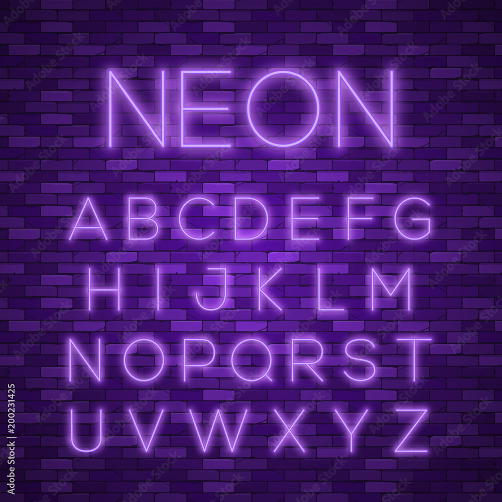 Realistic neon alphabet. Bright neon glowing font Realistic neon alphabet. Bright neon glowing font